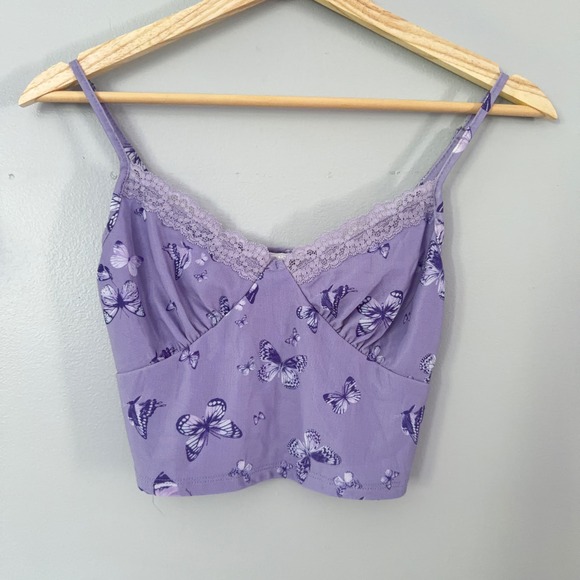 Full Tilt Tops - Full Tilt Cami Purple Butterfly Babydoll Festival Lace Trim V-Neck Crop Top Y2K
